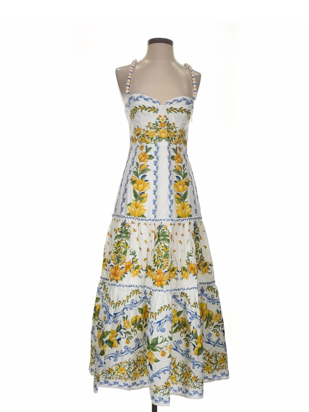 FARM Rio White Maxi Dress with Yellow Floral & Blue Accents